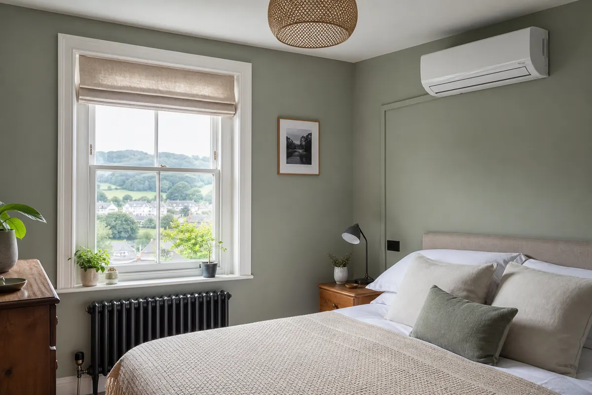 Wall-mounted air conditioning unit in a bedroom Wall-mounted air conditioning unit in a bedroom