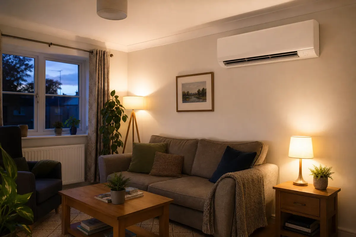 Wall-mounted air conditioning unit in a warmly lit living room Wall-mounted air conditioning unit in a warmly lit living room
