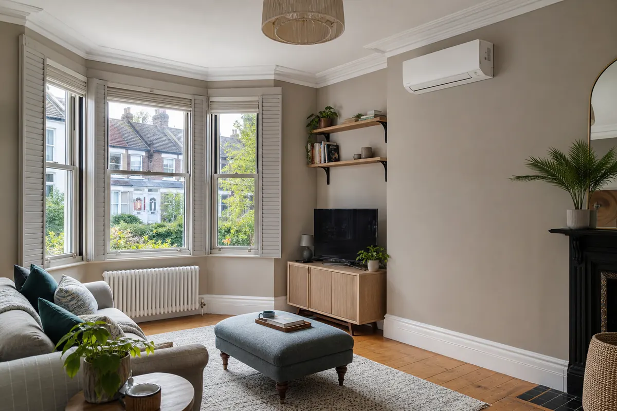 Wall-mounted air conditioning unit in a living room Wall-mounted air conditioning unit in a living room