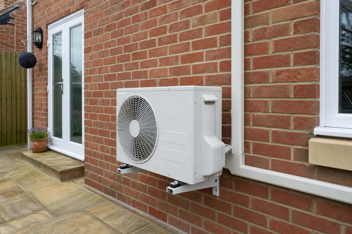 Outdoor air conditioning condenser on wall brackets beside a patio Outdoor air conditioning condenser on wall brackets beside a patio
